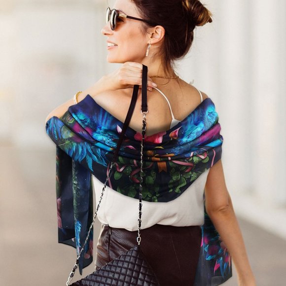 Peacock Feathers, Pink Rose & Wings Long Pure Silk Scarf - Picture 6 of 17